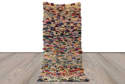 Boucherouite colorful Morrocan Berber runner Rug, Vintage Handwoven shag Rug 3x7.