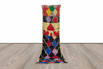 3x9 Colorful Diamond Boucherouite Runner Rug.