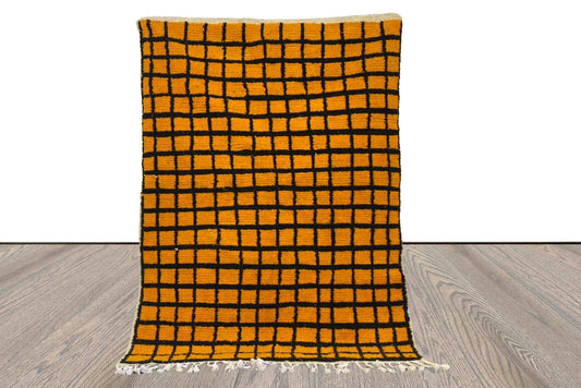 Moroccan Handwoven Yellow and Grid Black area Rugs.