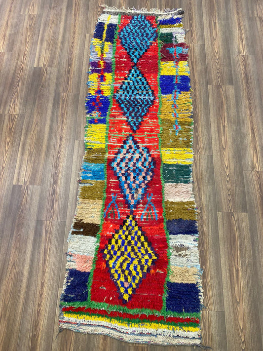 Tapis marocain coloré étroit 3x8, tapis berbère vintage usé.
