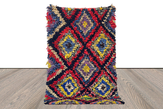 Small Boucherouite Colorful Vintage Rug, 3x6  Moroccan Diamond shag Rug.