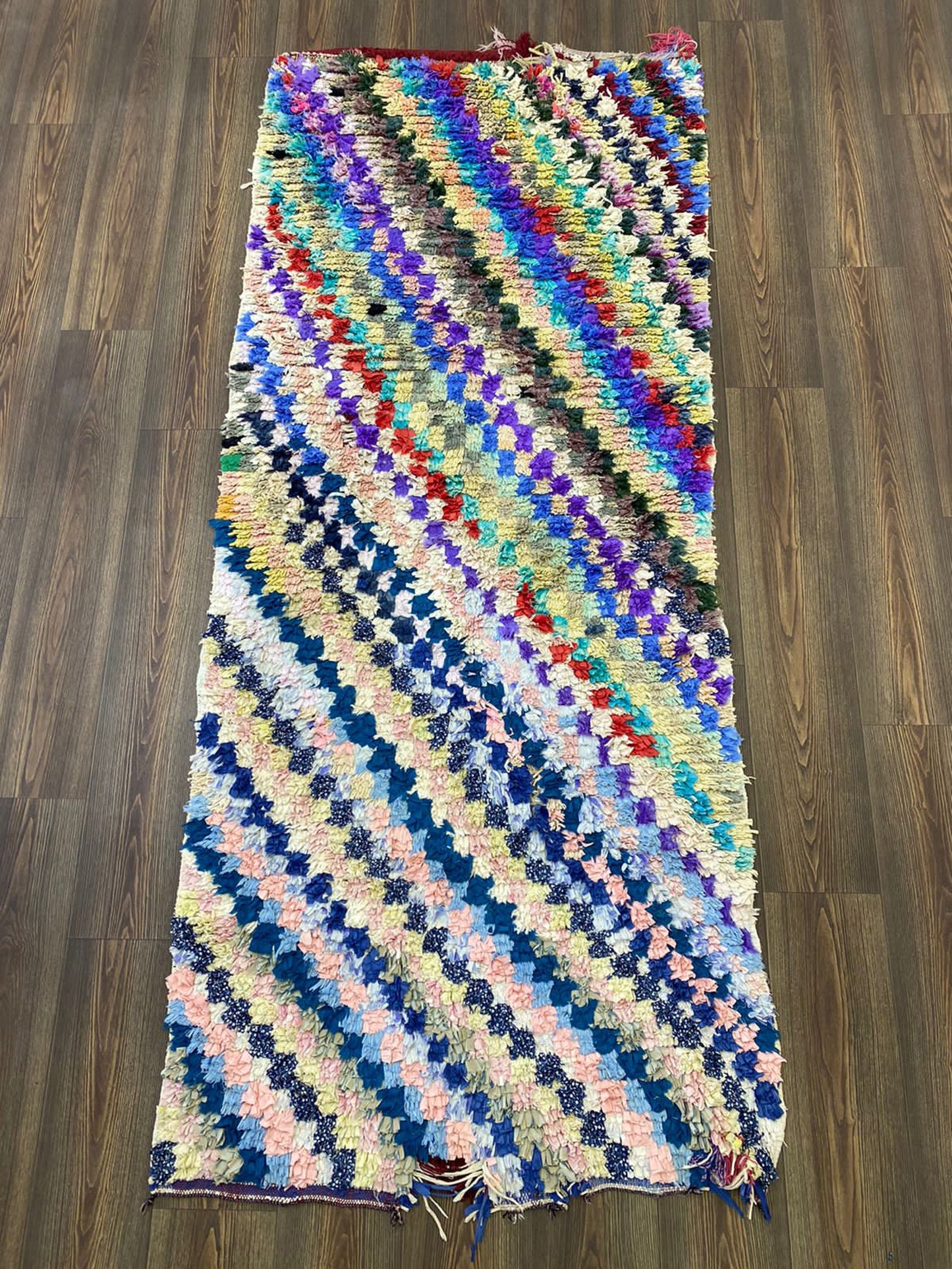 3x8 Moroccan Berber hand woven Rug, Boucherouite Vintage checker runner Rug.