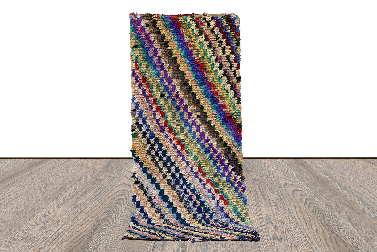 3x8 Moroccan Berber hand woven Rug, Boucherouite Vintage checker runner Rug.