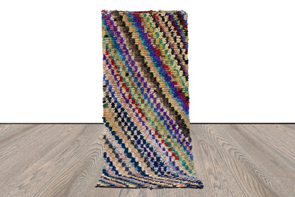 3x8 Moroccan Berber hand woven Rug, Boucherouite Vintage checker runner Rug.
