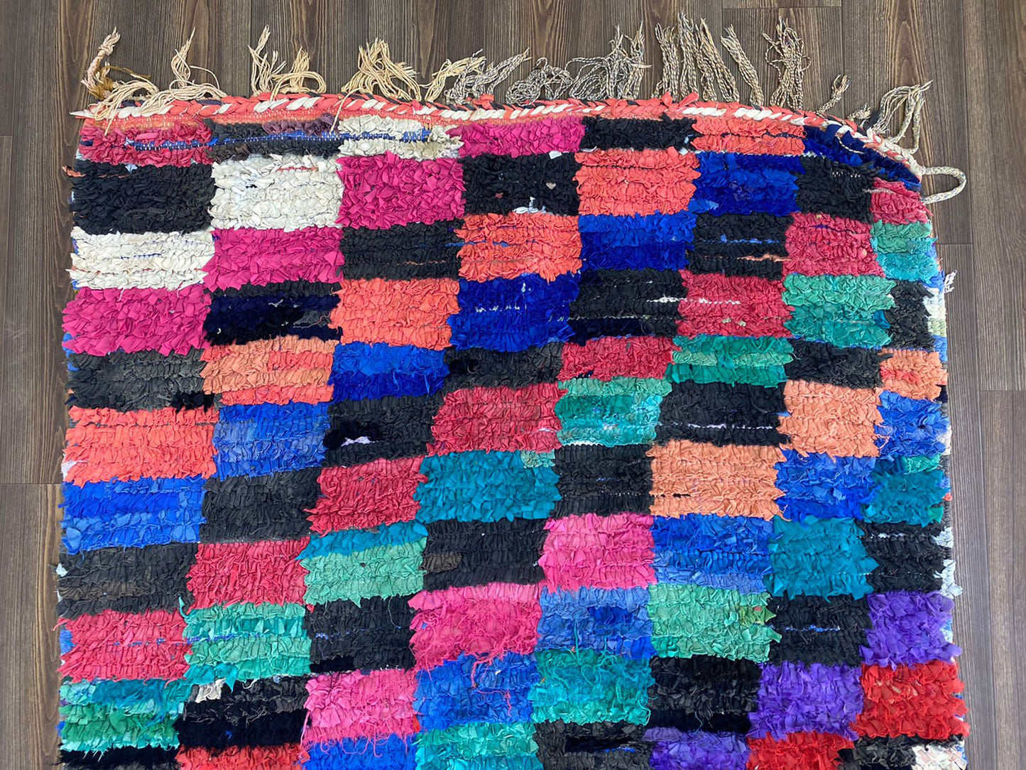 5x8 Checker Boucherouite Moroccan Vintage Rug.