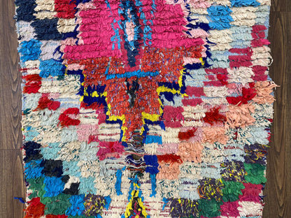 3x8 Checker Boucherouite Vintage Moroccan Vintage Rug.
