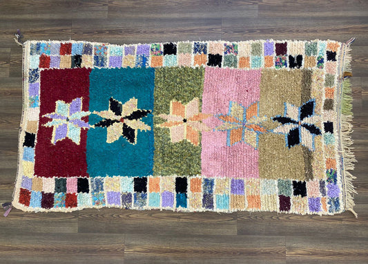 Moroccan Boucherouite Carpet, 4x7 Vintage shag colorful area Rug.