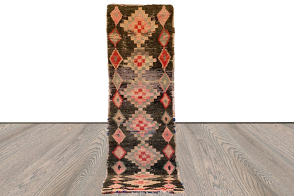 Handwoven Narrow runner Diamond Black Rugs. 3x9 Vintage Old Berber Rugs.
