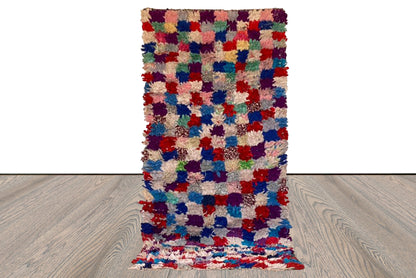 3x7 Checkered Colored Boucherouite Narrow Runner Rug.