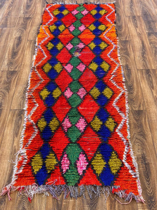Tapis de sol étroit 3x8 à losanges colorés, tapis de couloir berbère marocain vintage.