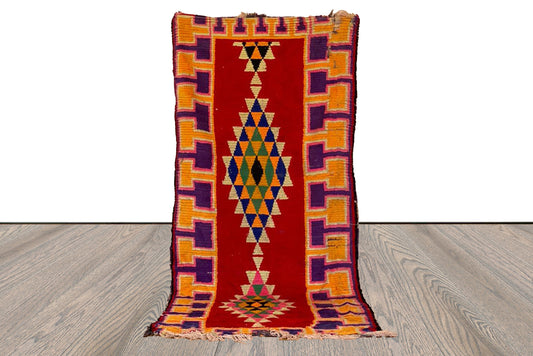Moroccan vintage woven Runner Rug, 3x7 Colored Unique Handwoven Berber Rug.