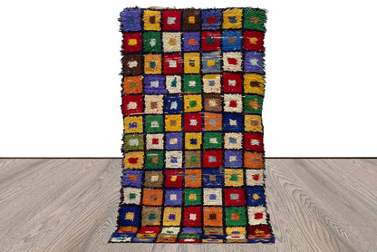 4x7 Tribal Handwoven vintage colorful Rug, Moroccan vintage grid area Rug.