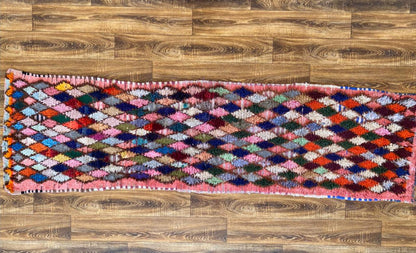 2x9 Diamond Vintage Moroccan Colorful Narrow Runner Rug.