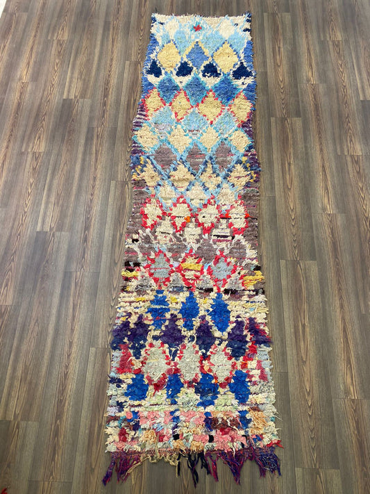 Berber Boucherouite narrow runner Rugs, 3x10 Moroccan Vintage colorful Rug.