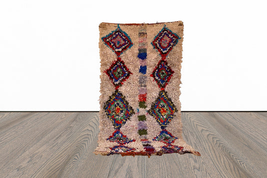 Small White Shag area Rug, Boucherouite vintage Moroccan Rug 3x6.