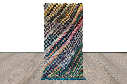 Boucherouite Vintage runner Rug, 3x7 Moroccan Berber hand woven Rugs.
