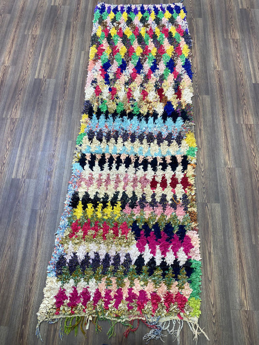 Tapis long de couloir berbère marocain Boucherouite 3x10 coloré.