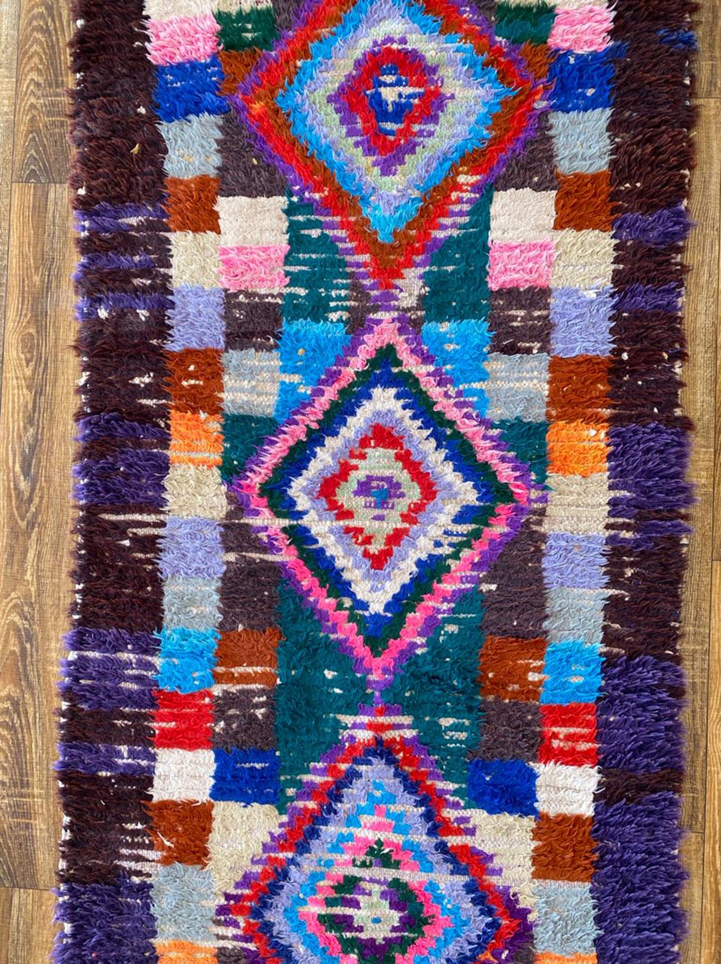 Colorful Moroccan Narrow runner Rug, Berber Handwoven Shag Rug 3x8.
