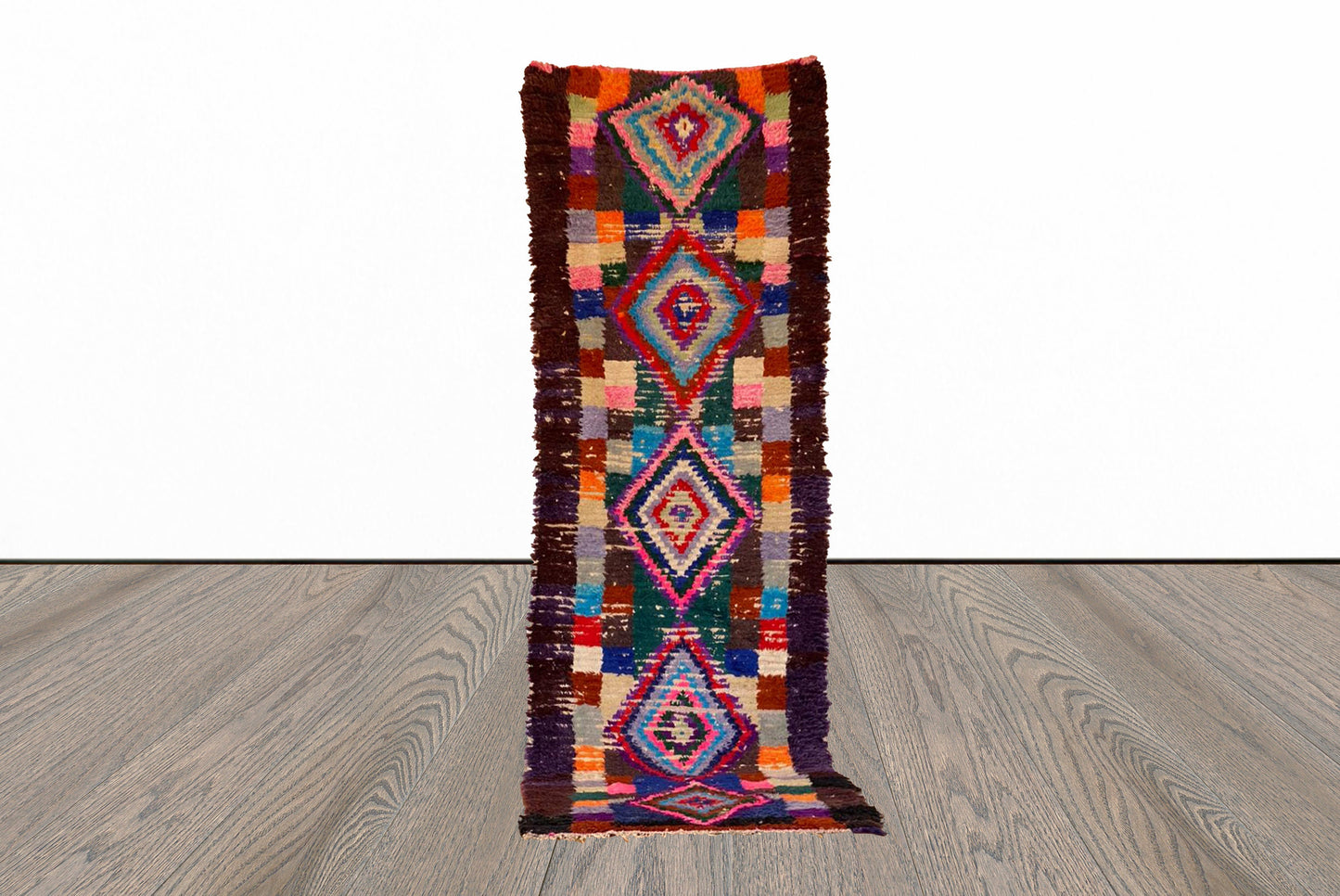 Colorful Moroccan Narrow runner Rug, Berber Handwoven Shag Rug 3x8.