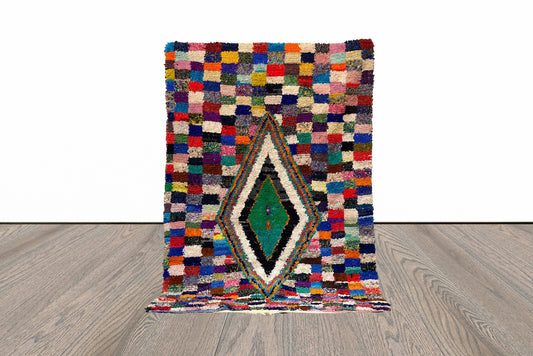 4x7 Feet Vintage Boucherouite Checkered Colorful Area Rug.