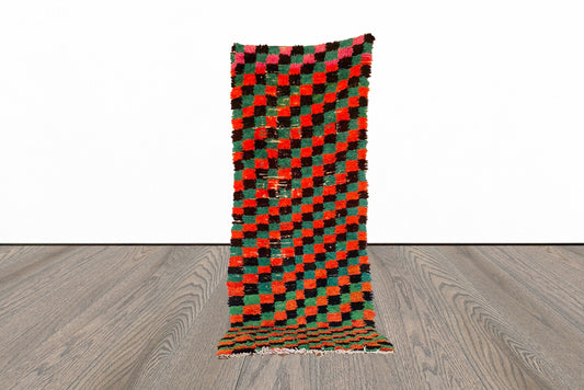 4x9 Vintage Moroccan Checkered Colorful runner Rug.