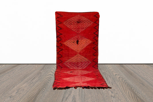 Abstract Red Moroccan Vintage runner Rug 4x11, Extra Long Berber runner Rugs.