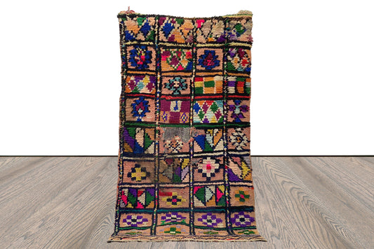 Morrocan Small vintage Grid Rug 3x6, Berber colorful area Rug.