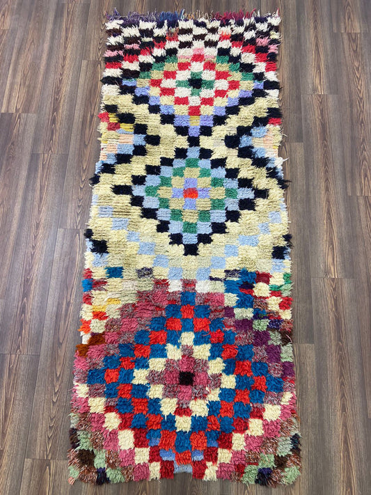 Checkered Moroccan runner Rug, 3x8 Vintage colorful  Rug.