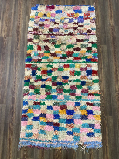 Boucherouite Vintage Rug, 3x7 Moroccan woven checkered shag Rug.