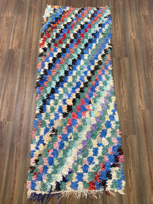 Boucherouite Vintage checker runner Rug, 3x8 Moroccan Berber hand woven Rug.