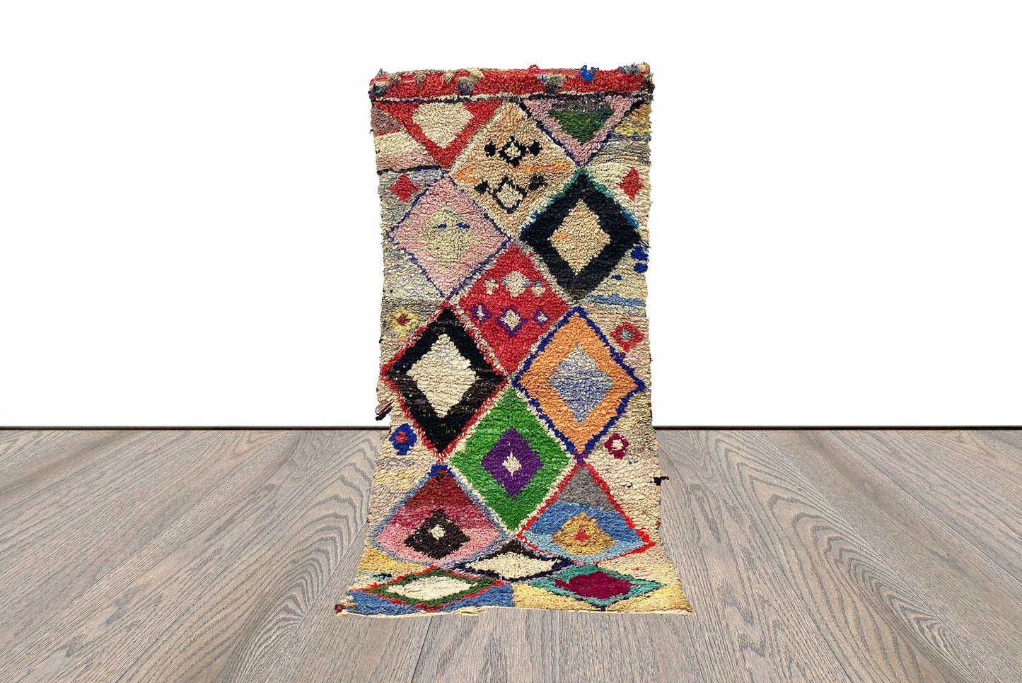 3x9 Diamond Colorful Boucherouite Runner Rug.