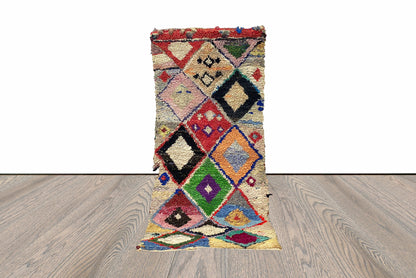 3x9 Diamond Colorful Boucherouite Runner Rug.