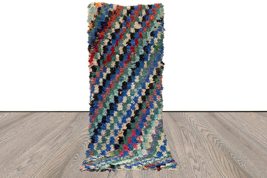 Boucherouite Vintage checker runner Rug, 3x8 Moroccan Berber hand woven Rug.