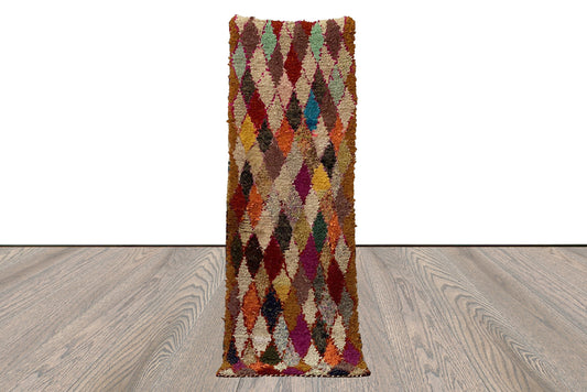 Tapis shag coloré Berber Diamond 2x7, tapis de couloir étroit vintage marocain Boucherouite.