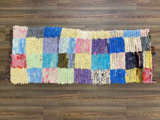 Moroccan Berber Boucherouite Checkered Rug. 2x6 Small narrow runner vintage colorful Rugs.