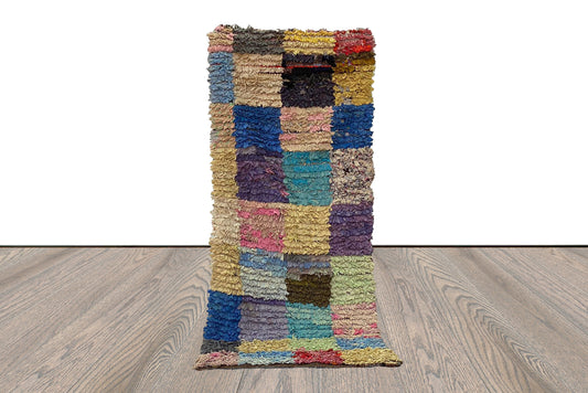 Moroccan Berber Boucherouite Checkered Rug. 2x6 Small narrow runner vintage colorful Rugs.