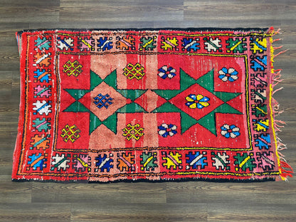 3x6 Red Azilal Moroccan Vintage Runner Rug, Unique Berber Rug.