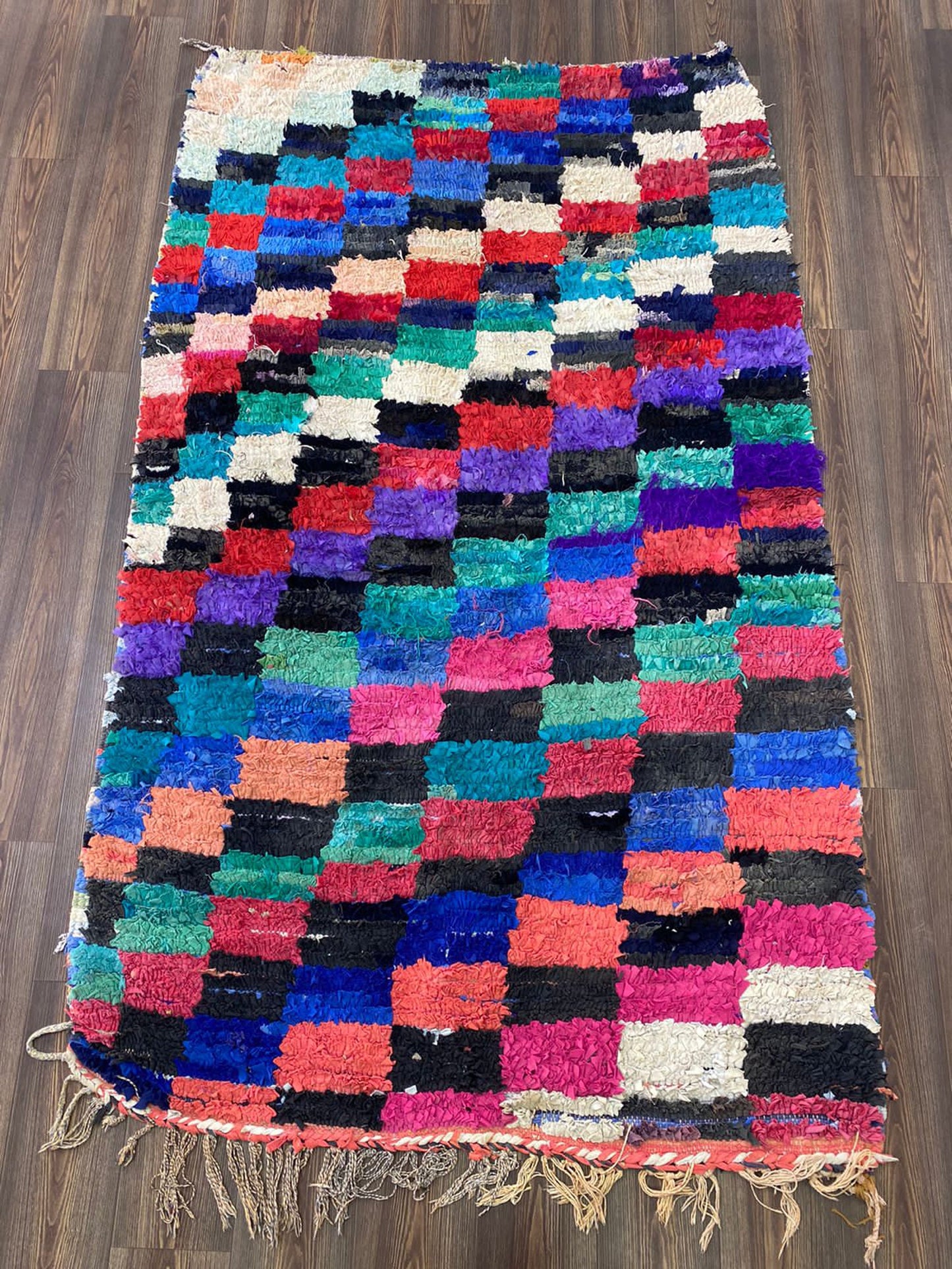 5x8 Checker Boucherouite Moroccan Vintage Rug.