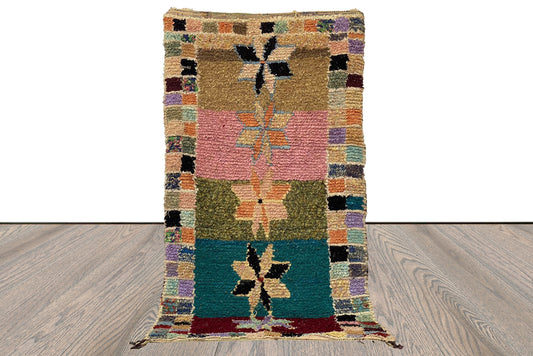 Moroccan Boucherouite Carpet, 4x7 Vintage shag colorful area Rug.