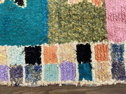 Moroccan Boucherouite Carpet, 4x7 Vintage shag colorful area Rug.