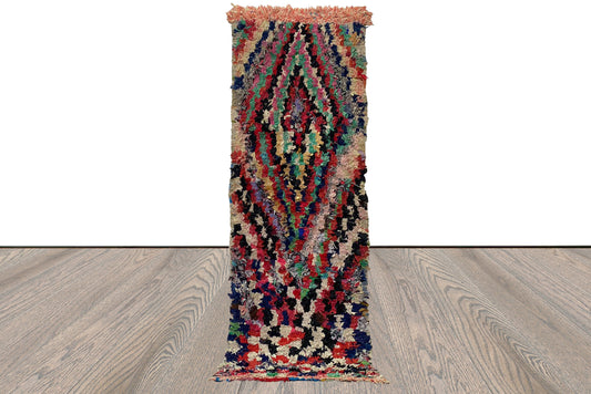 Boucherouite Vintage narrow runner Rug, 3x8 Berber colorful shag Rugs Moroccan.
