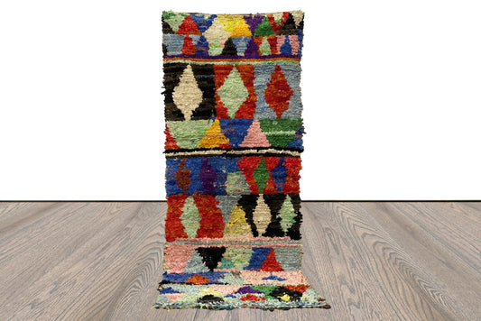 4x9 Boucherouite vintage Large Moroccan Rug, Berber colored used area Rugs.