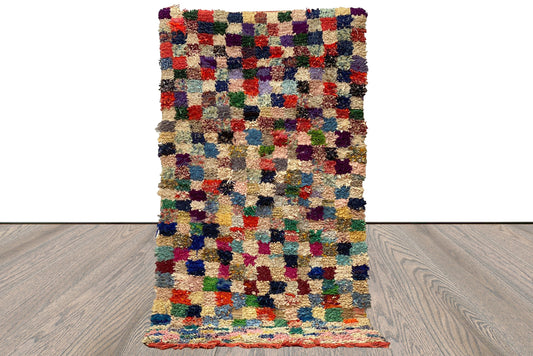 4x8 Moroccan Boucherouite colorful checkerboard vintage area rug.