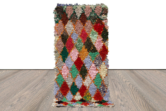 7x3 Moroccan Boucherouite colorful Diamond runner Rug.
