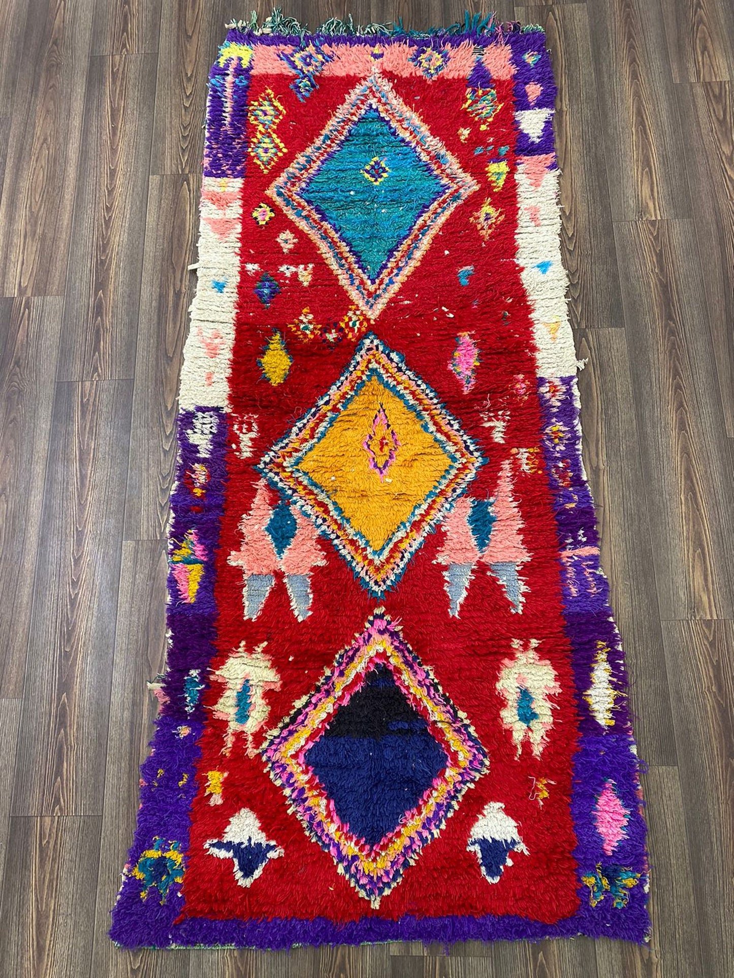 3x7 Diamond Woven Vintage Rug, Moroccan red runner Rug.