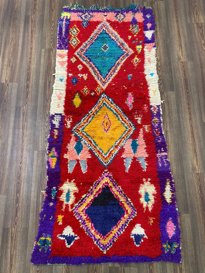 3x7 Diamond Woven Vintage Rug, Moroccan red runner Rug.
