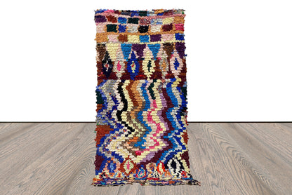 Boucherouite vintage Moroccan Berber colorful Rugs. 3 By 6 Bohemian Chevron unique Handwoven narrow Small runner Rug.