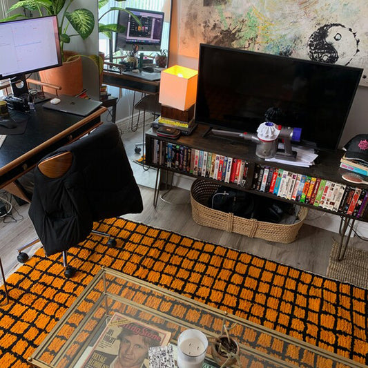 Black and Orange Grid rug, Moroccan Berber Soft wool checkered area rug
