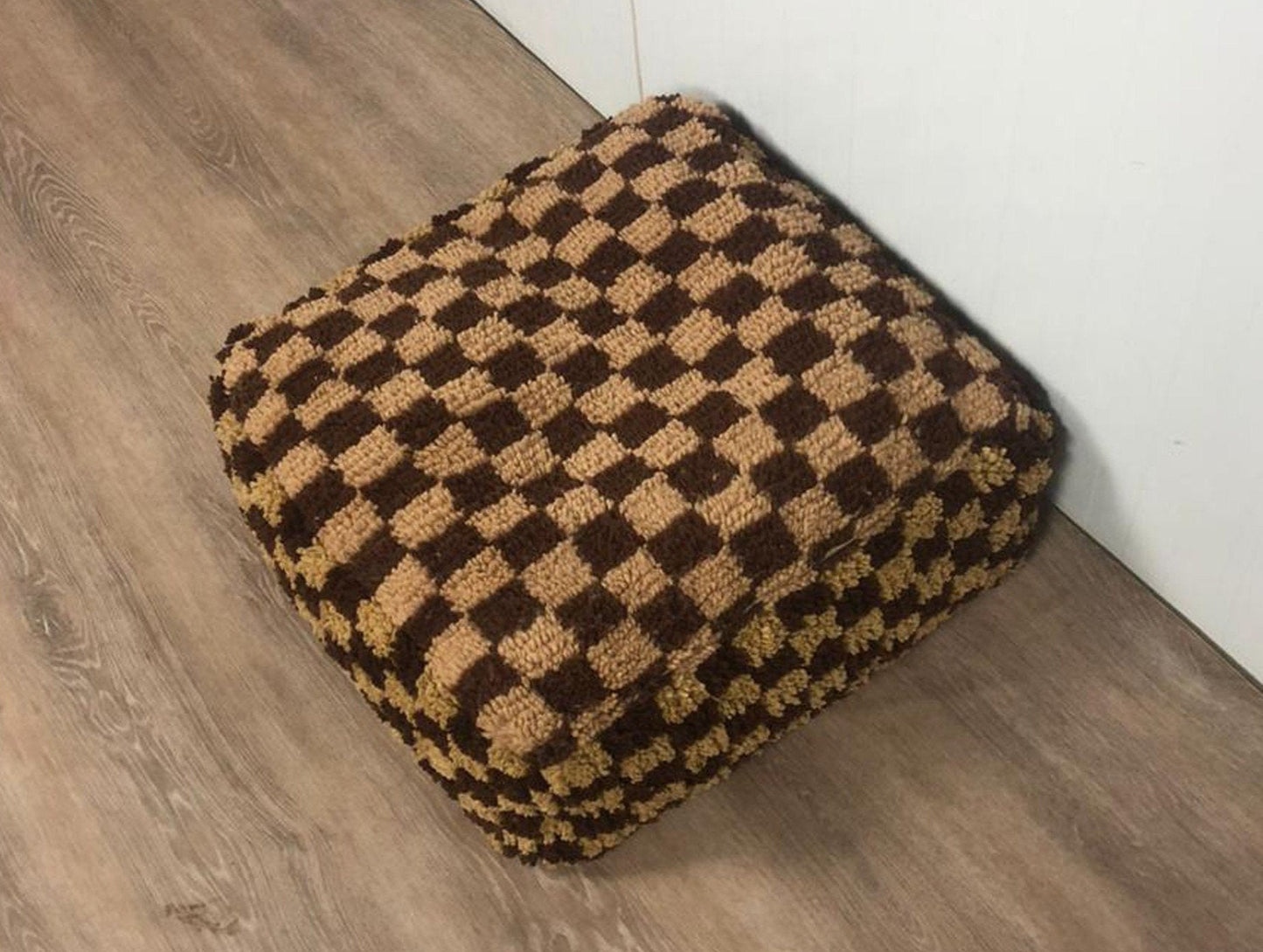 Brown and cream checkered Moroccan Pouf, Berber checkerboard Flour pillow,