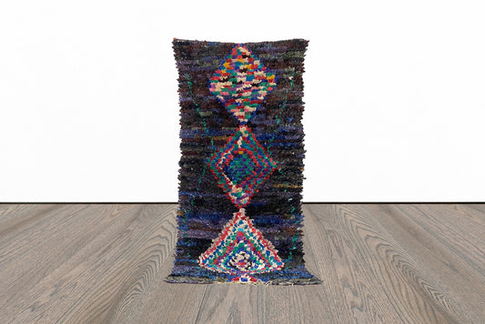 Boucherouite Vintage Rug, 3x7 Moroccan woven diamond Rug.